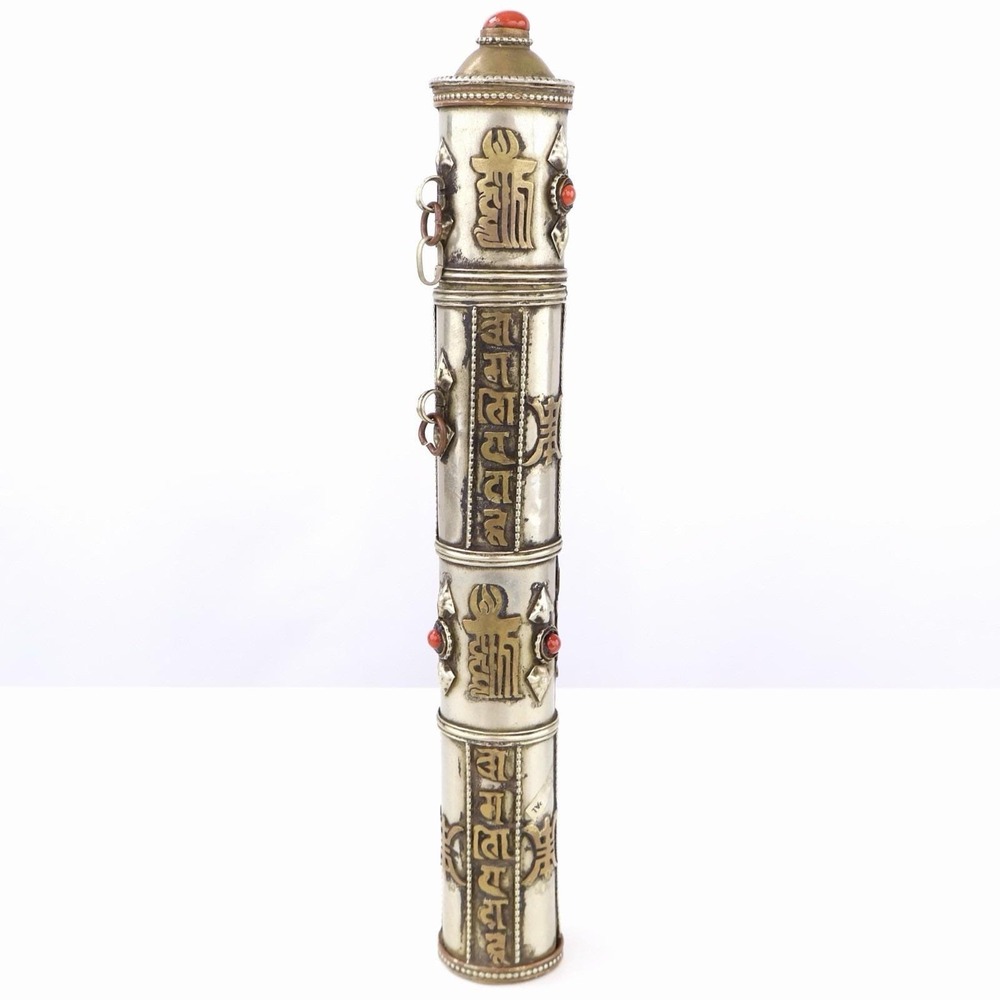 Vintage Tibetan Gau Prayer Scroll Amulet Tube Coral Inlay Silver Brass Pendant